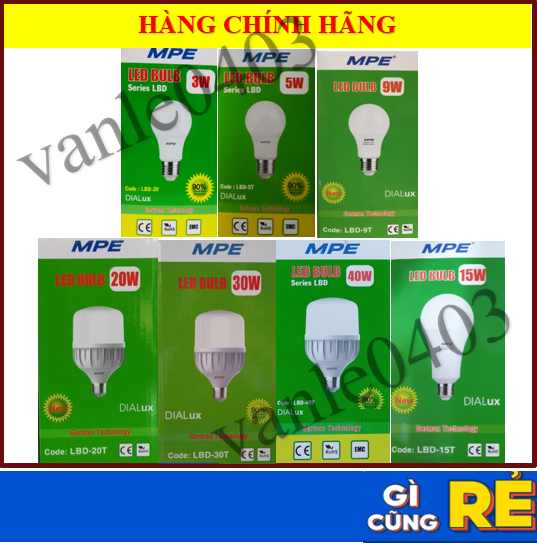 Bóng đèn ledbulb MPE, đèn led tròn siêu sáng, led bulb tròn, led bulb 3w, 5w, 15w, led trụ 20w, 30w, 40w ánh sáng trắng, vàng đuôi E27