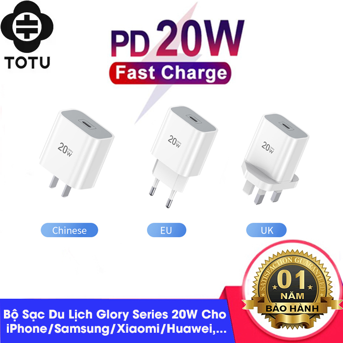 Bộ sạc du lịch Totu Glory series 20W, sạc nhanh giao diện cổng Type-C cho iPhone, iPad, Samsung,Xiaomi, Huawei,...