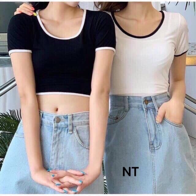 áo croptop, áo thun nữ phối viền đen trắng