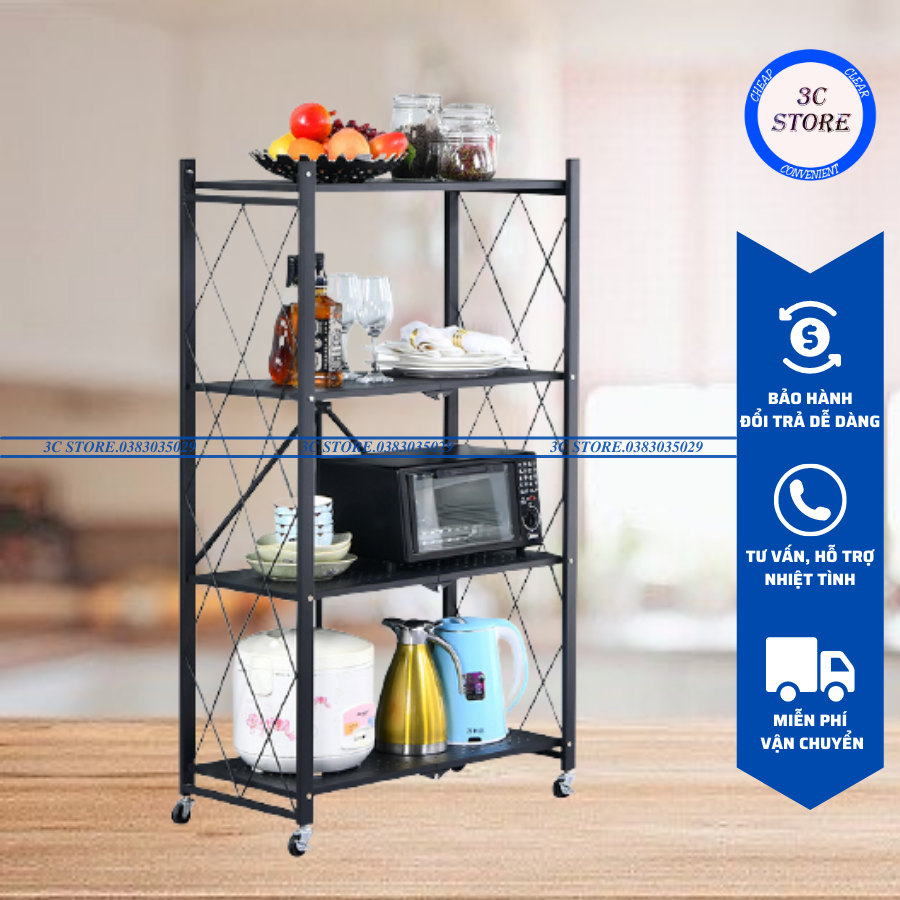 Kệ Sắt - Kệ Để Đồ Đa Năng Gấp Gọn Có Bánh Xe - 4 TẦNG - Tiện Ích Cho Nhà Bếp, Phòng Ngủ, Phòng Khách