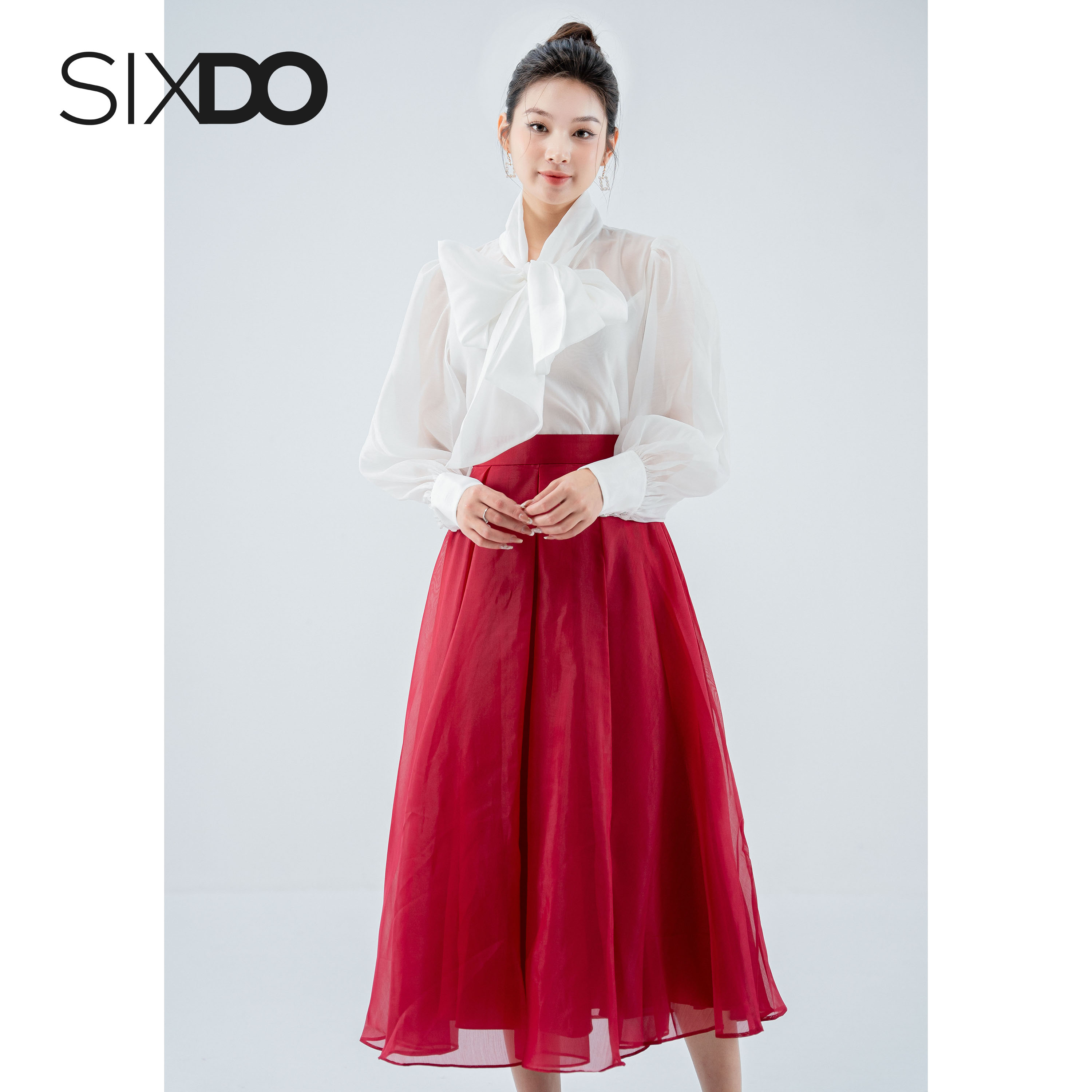 Chân váy đỏ tơ oganza xếp ly to SIXDO