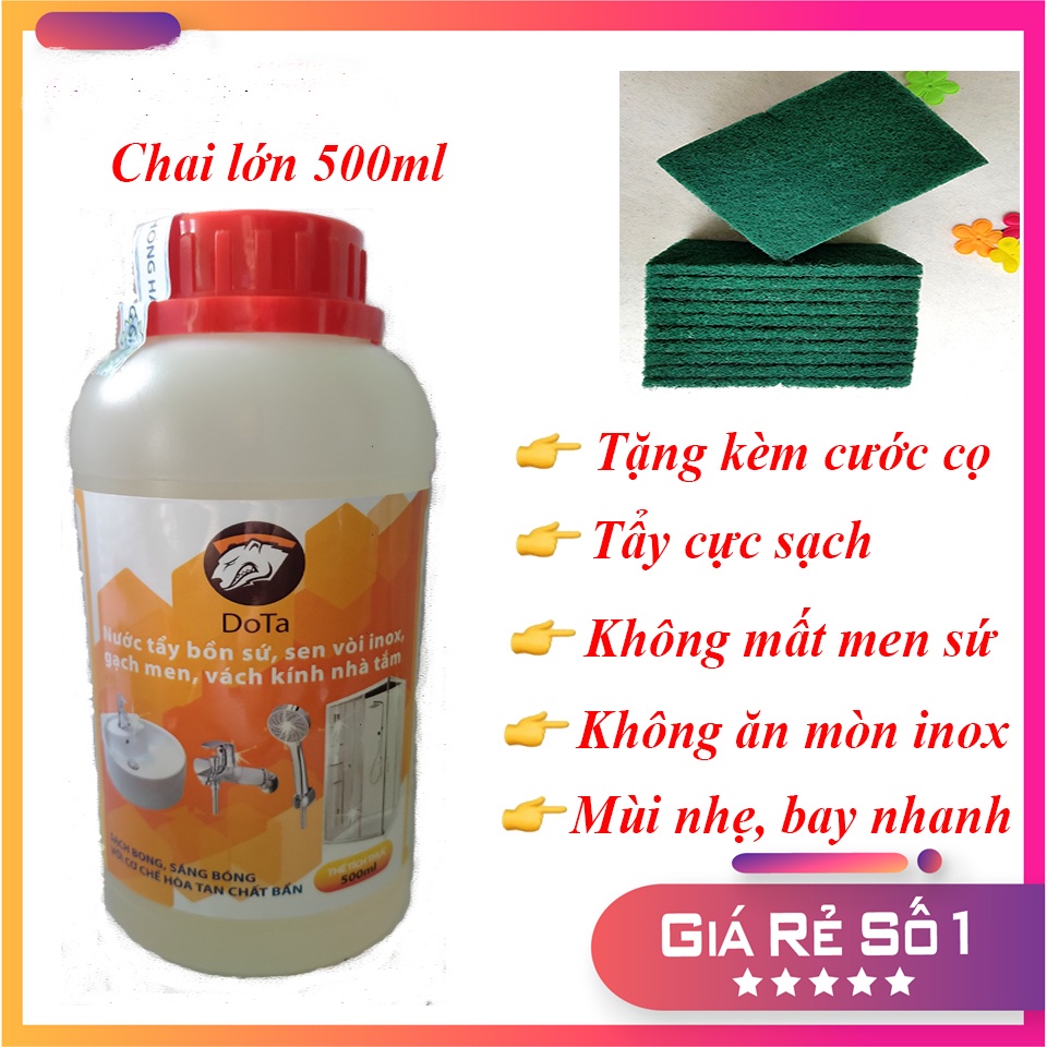 Tẩy bồn sứ, sen vòi inox, bồn nhựa, gạch men.