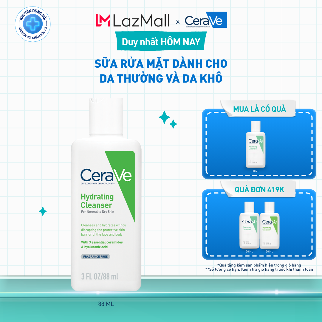 Sữa rửa mặt giúp làm sạch sâu dành cho da thường và da khô Cerave Hydrating Cleanser 88ML