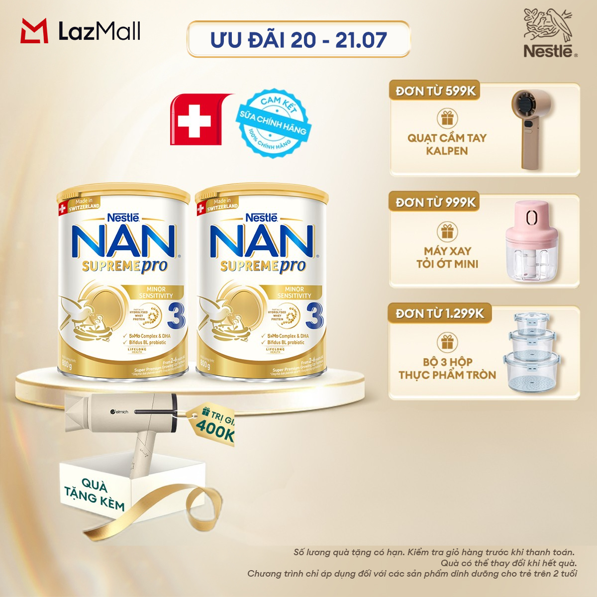 [CHỈ 20-21.07 QT ĐƠN 599K/999K/1299K][Tặng máy sấy tóc] Combo 2 lon Sữa Bột Nestlé NAN SUPREMEPRO 3 800g Nhập Khẩu Đức Cho Bé 2 - 6 Tuổi Chứa Đạm Whey Thủy Phân 1 Phần, 5-HMOs    Lợi khuẩn BIFIDUS BL