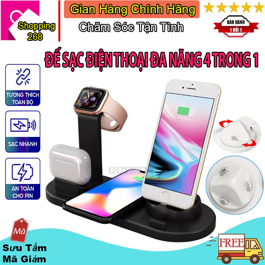 Sạc không dây đa năng, Đế sạc không dây 4 trong 1, đế sạc điện thoại không dây đa năng cho điện thoại tai nghe bluetooh đồng hồ thông minh - sạc nhanh, đa cổng, tiện lợi khi di chuyển, an toàn
