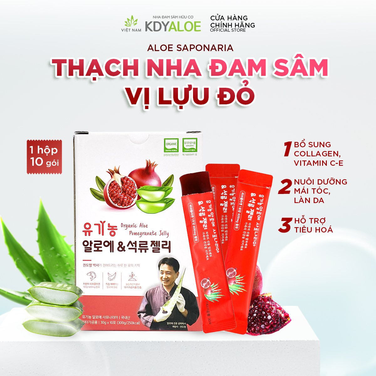 Thạch collagen nha đam sâm lựu đỏ hữu cơ hỗ trợ đẹp da- hộp 10 gói