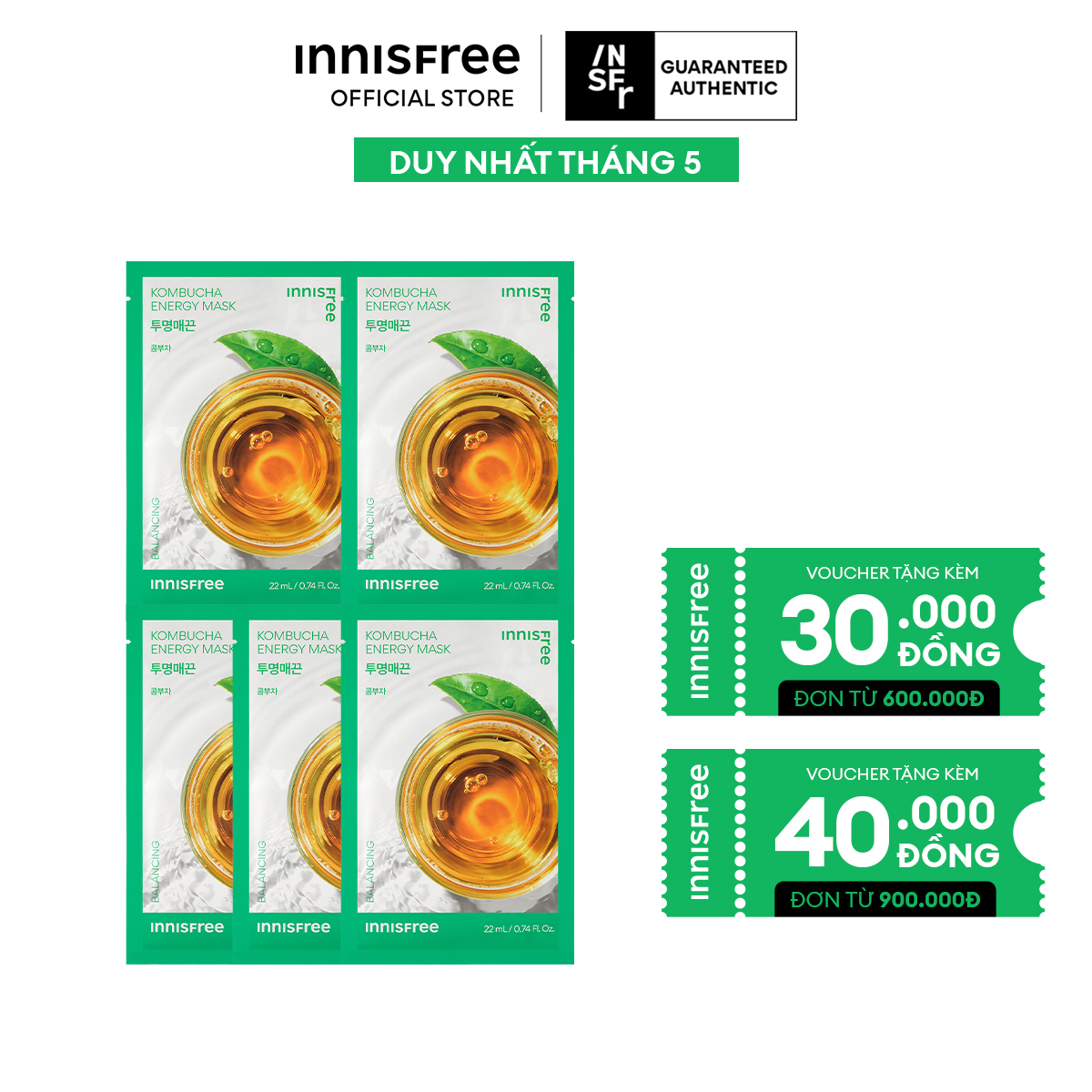 Combo 5 Mặt nạ giấy dưỡng da Hàn Quốc INNISFREE Energy Mask - Kombucha