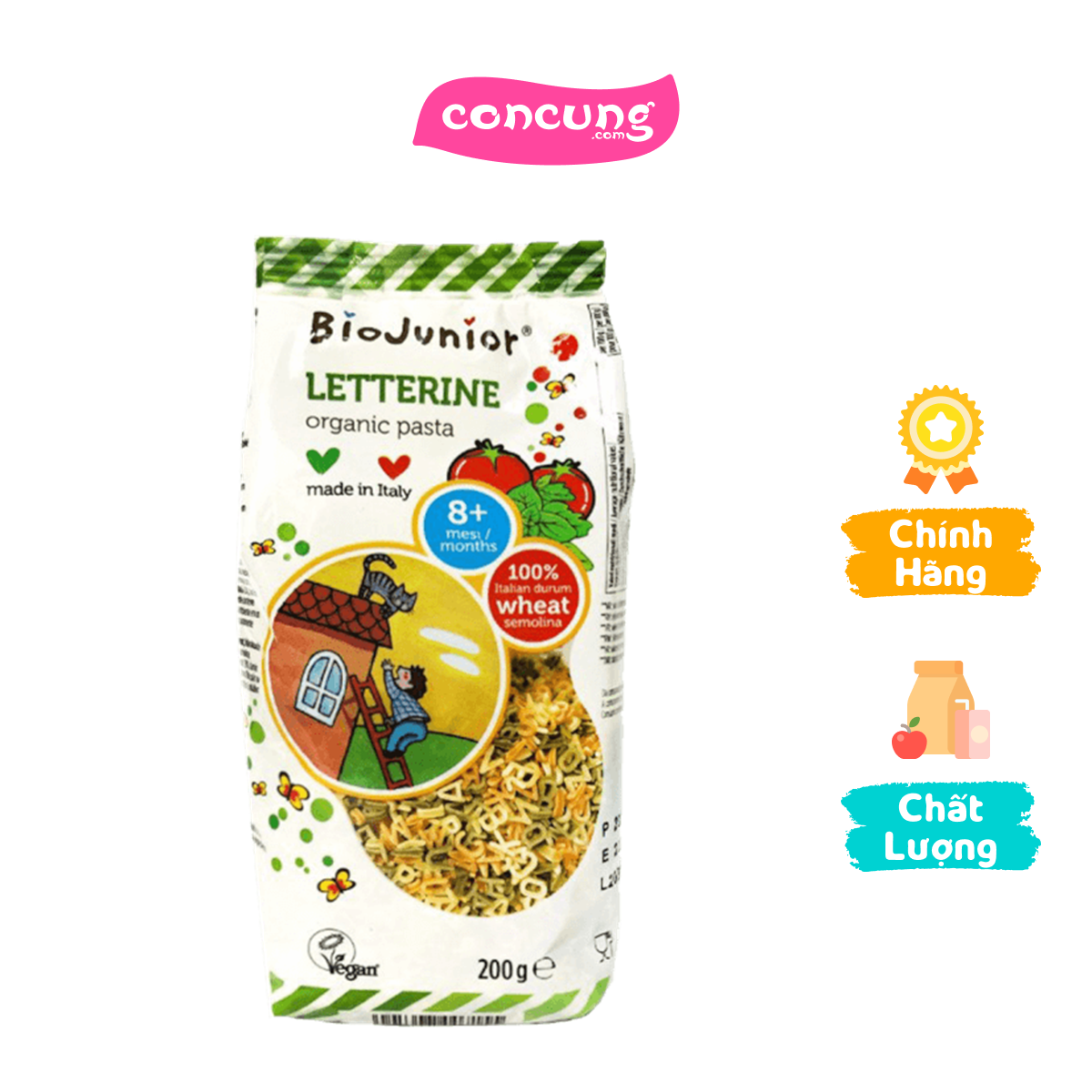 Mì nui ăn dặm hữu cơ cho bé hình chữ cái BioJunior 200g (Từ 8 tháng tuổi)