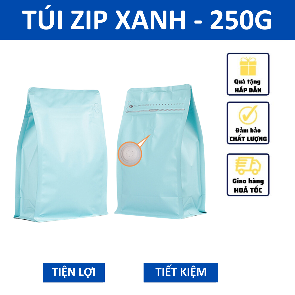 Túi Zip Đựng Cà Phê Màu Xanh 250g Có Van 1 Chiều Túi Zip 4 Cạnh Đóng Gói Đựng Thực Phẩm Big Dream Co