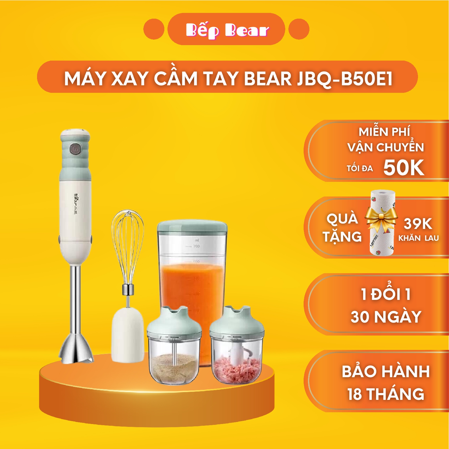 Máy xay cầm tay mini bear jbq-b50e1, máy xay sinh tố cầm tay, máy xay đa năng, bản quốc tế bh 18 tháng