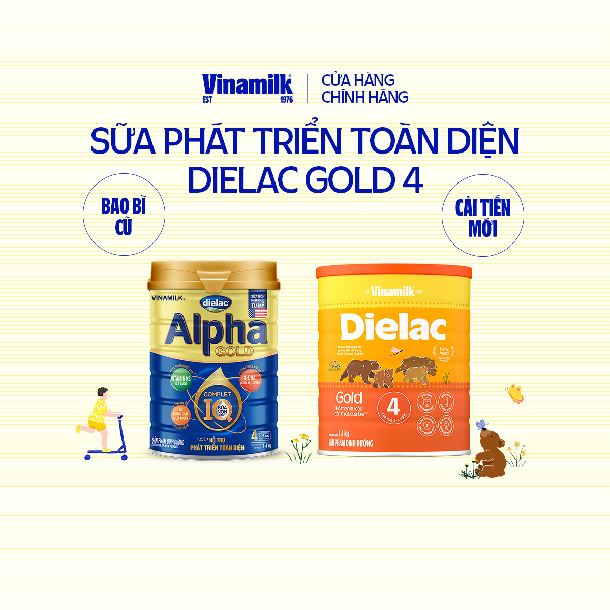 Sữa Bột Vinamilk Dielac Alpha Gold 4 hộp 1400g (Cho Trẻ Từ 2- 6 tuổi) - Sữa công thức hỗ trợ phát triển trí não của trẻ, tăng cân, chiều cao