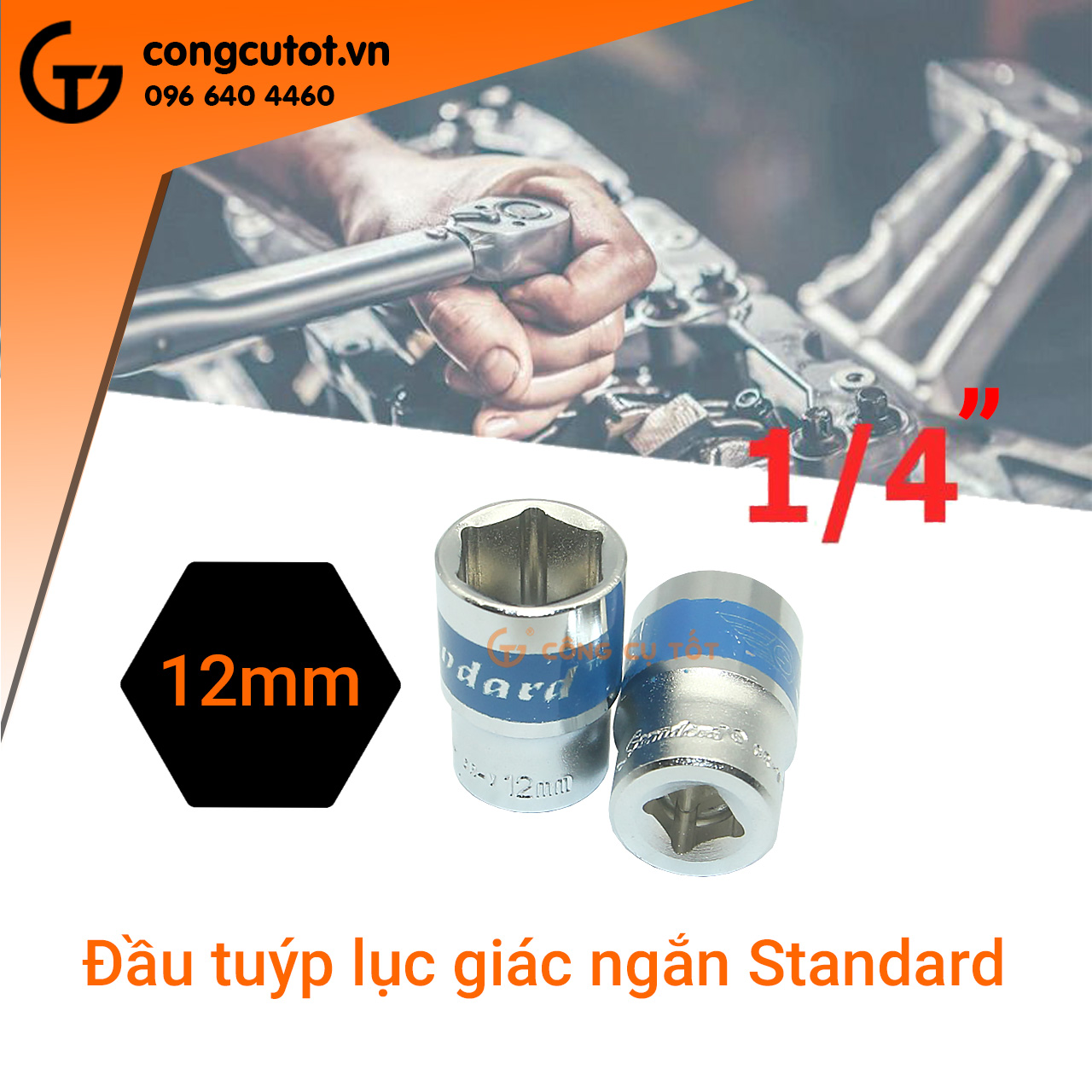 Đầu tuýp lục giác 1/4 inch Standard xanh ngắn
