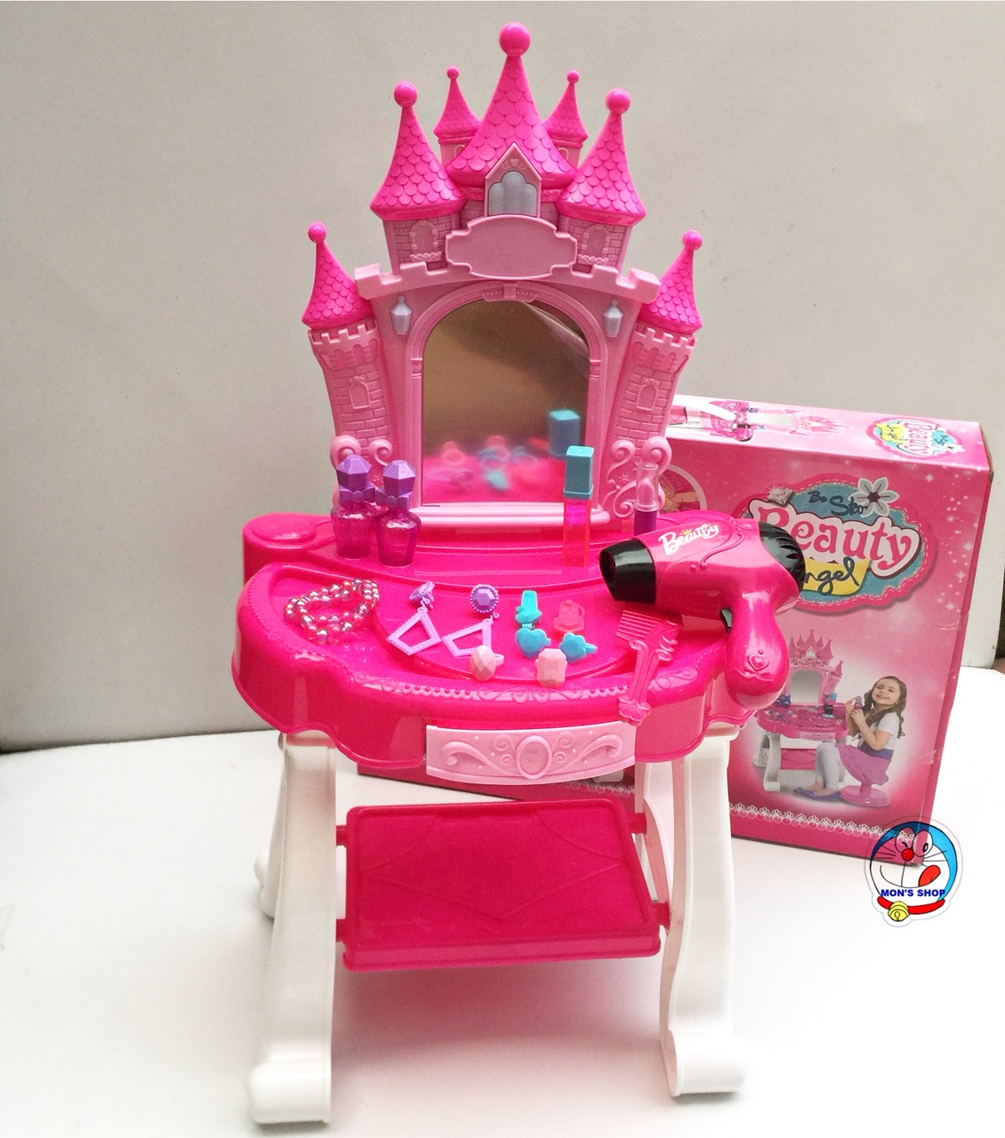 Đồ chơi bàn trang điểm mô phỏng lâu đài màu hồng, dùng pin, có âm thanh và ánh sáng tăng cường trí tưởng tượng, sáng tạo cho bé