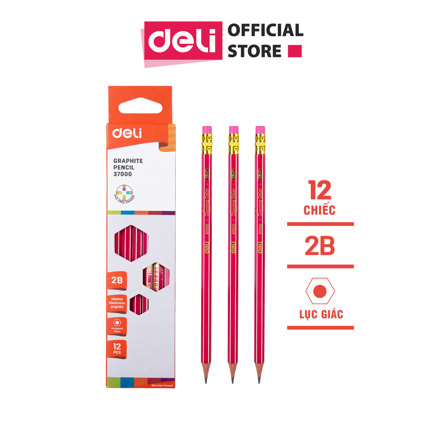Bút chì lục giác 2B Deli, Vàng, Xanh, Hồng, Xanh lá/ sọc trắng - 12 cây/hộp E37000