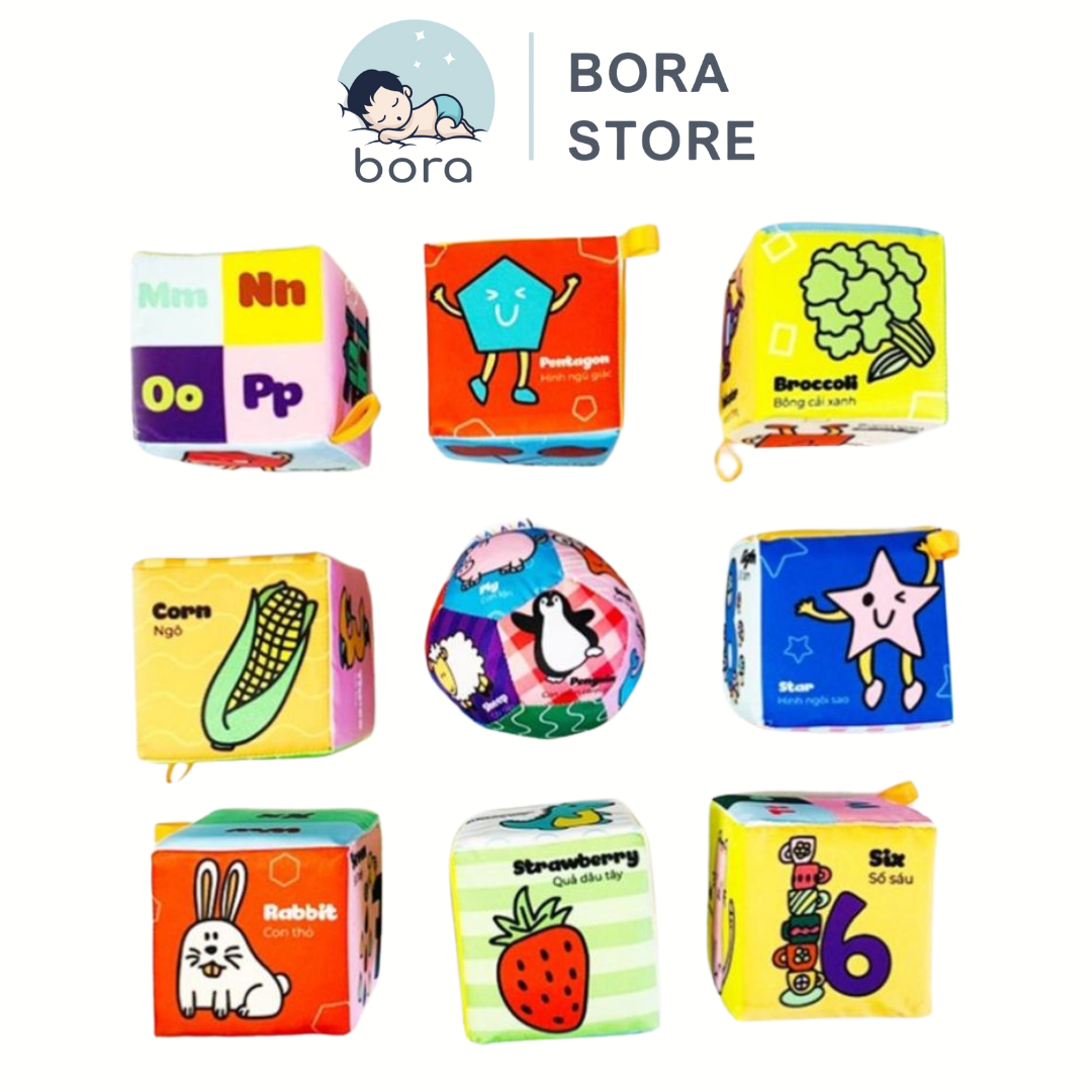 Bộ đồ chơi hình khối vải kèm bóng xúc xắc cho bé 0 - 24 tháng