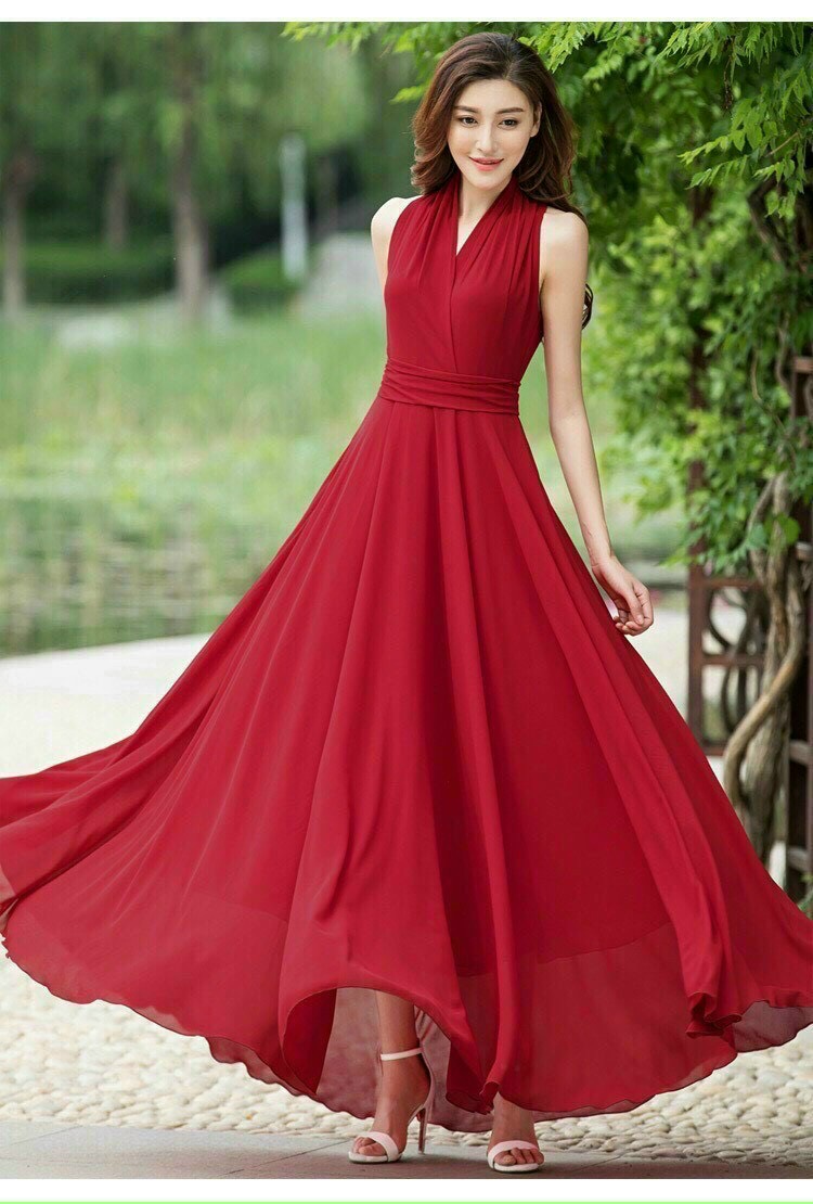 Đầm maxi đỏ dài cổ v sang trọng