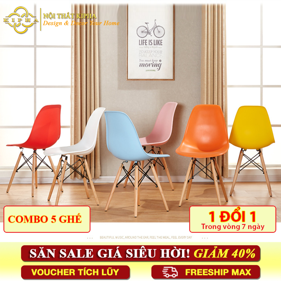 [COMBO 5] Ghế EAMES nhựa chân gỗ cao cấp mẫu mới nhất , ghế cafe vintage , ghế decor phòng , ghế bàn trà ngoài hiên