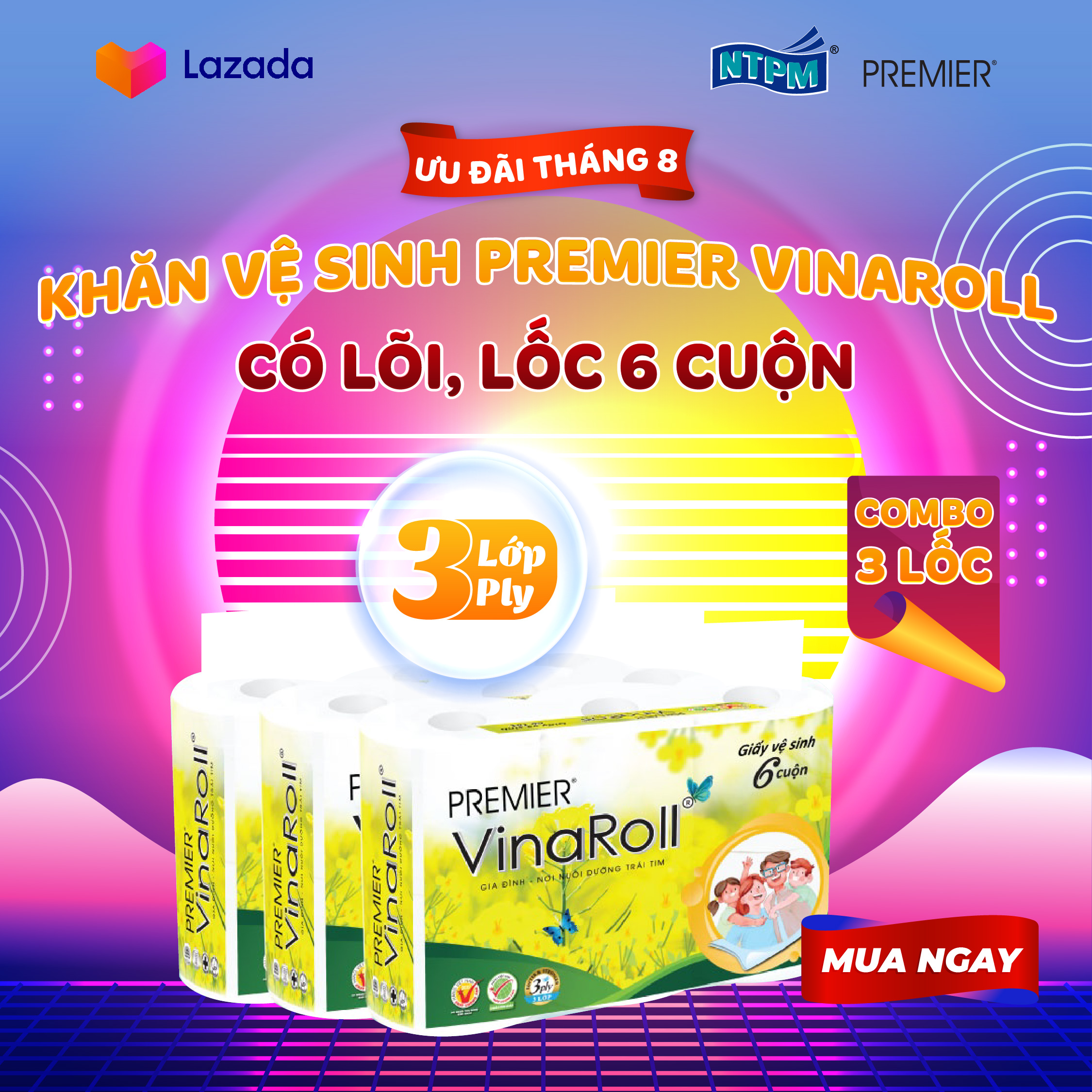[COMBO 3 LỐC] Giấy vệ sinh Premier VinaRoll có lõi, 3 lớp 100% bột giấy nguyên sinh, không chất tẩy lốc 6 cuộn