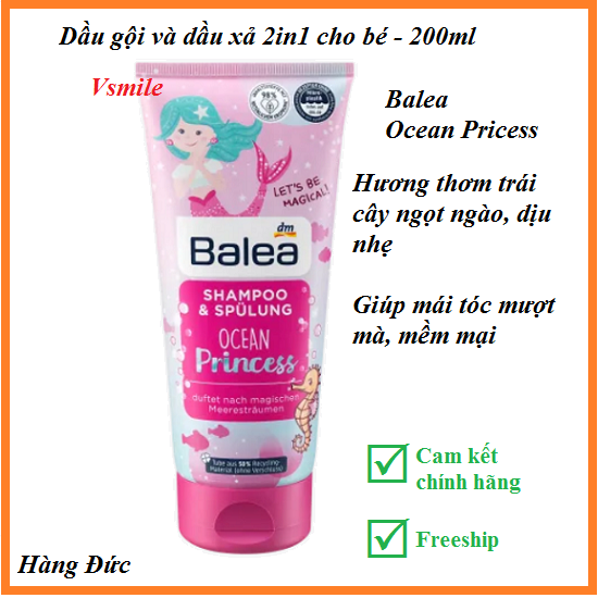 Auth - dầu gội xả cho bé gái mềm mượt, balea princess 200ml, nội địa đức