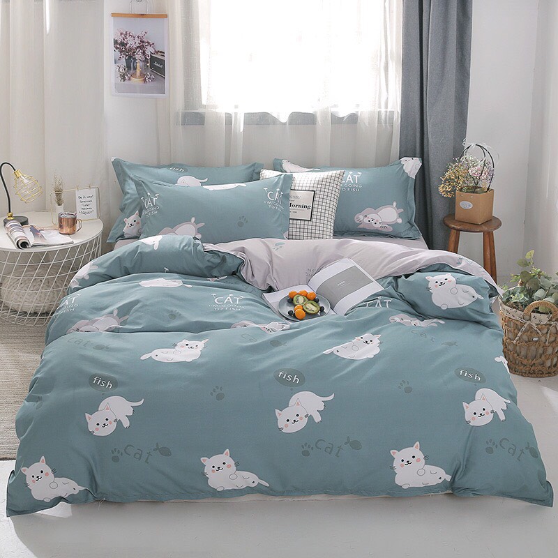 Trọn bộ 4 món chăn ga gối cotton poly nhập mẫu mèo xanh xám