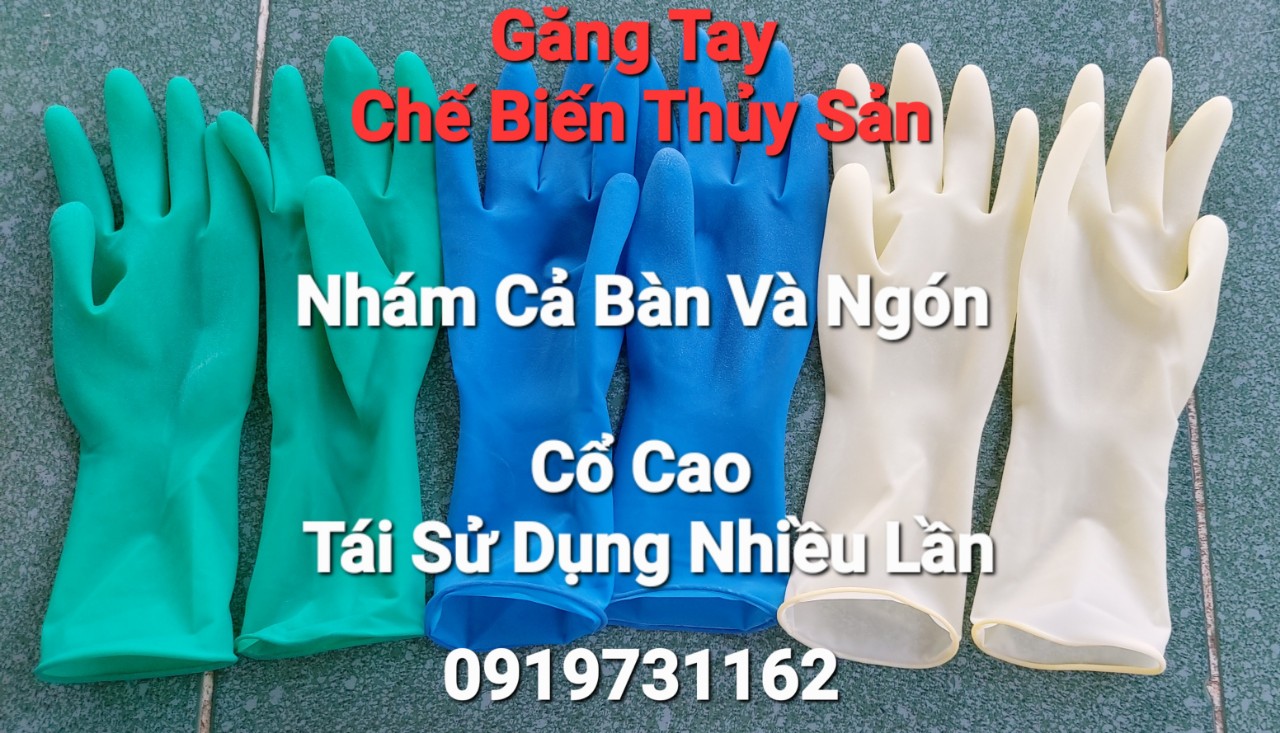 Găng tay xanh dày cổ cao, siêu dai, tái sử dụng nhiều lần.