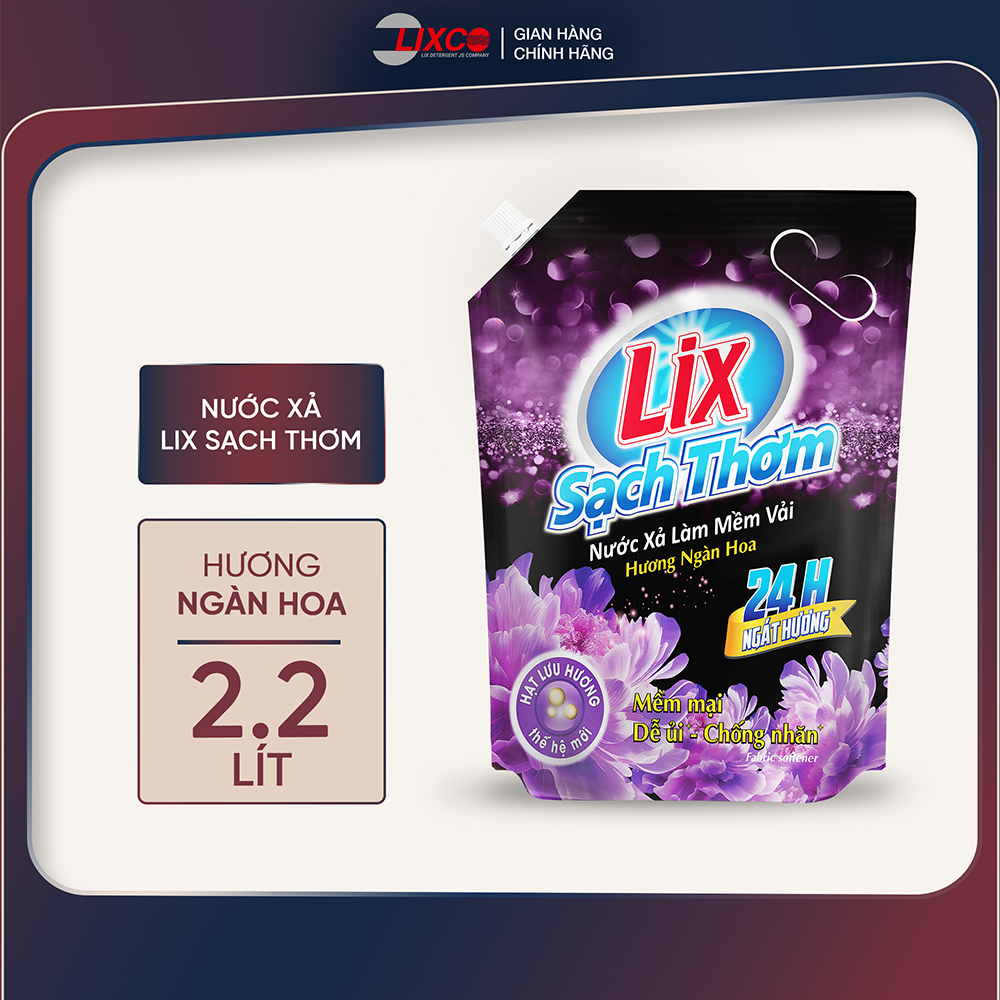Nước xả làm mềm vải Lix sạch thơm hương ngàn hoa túi 1,8L/ 2,2L - Nước xả hạt lưu hương thơm lâu thấm sâu sợi vải - Lixco Việt Nam