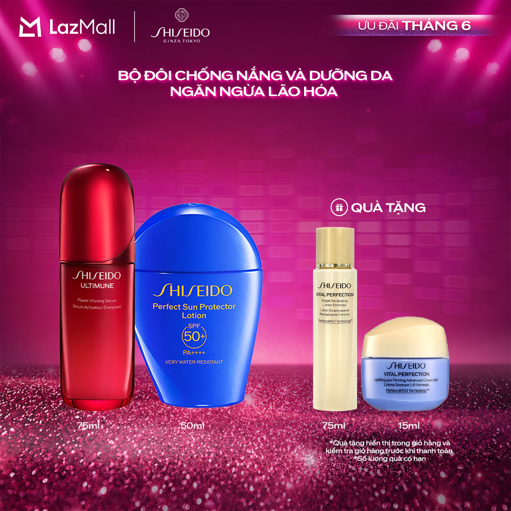 Combo Tinh chất dưỡng da Ultimune 4.0 Serum 75ml và Sữa chống nắng dưỡng da Shiseido GSC Perfect Sun Protector Lotion SPF50+ 50ml