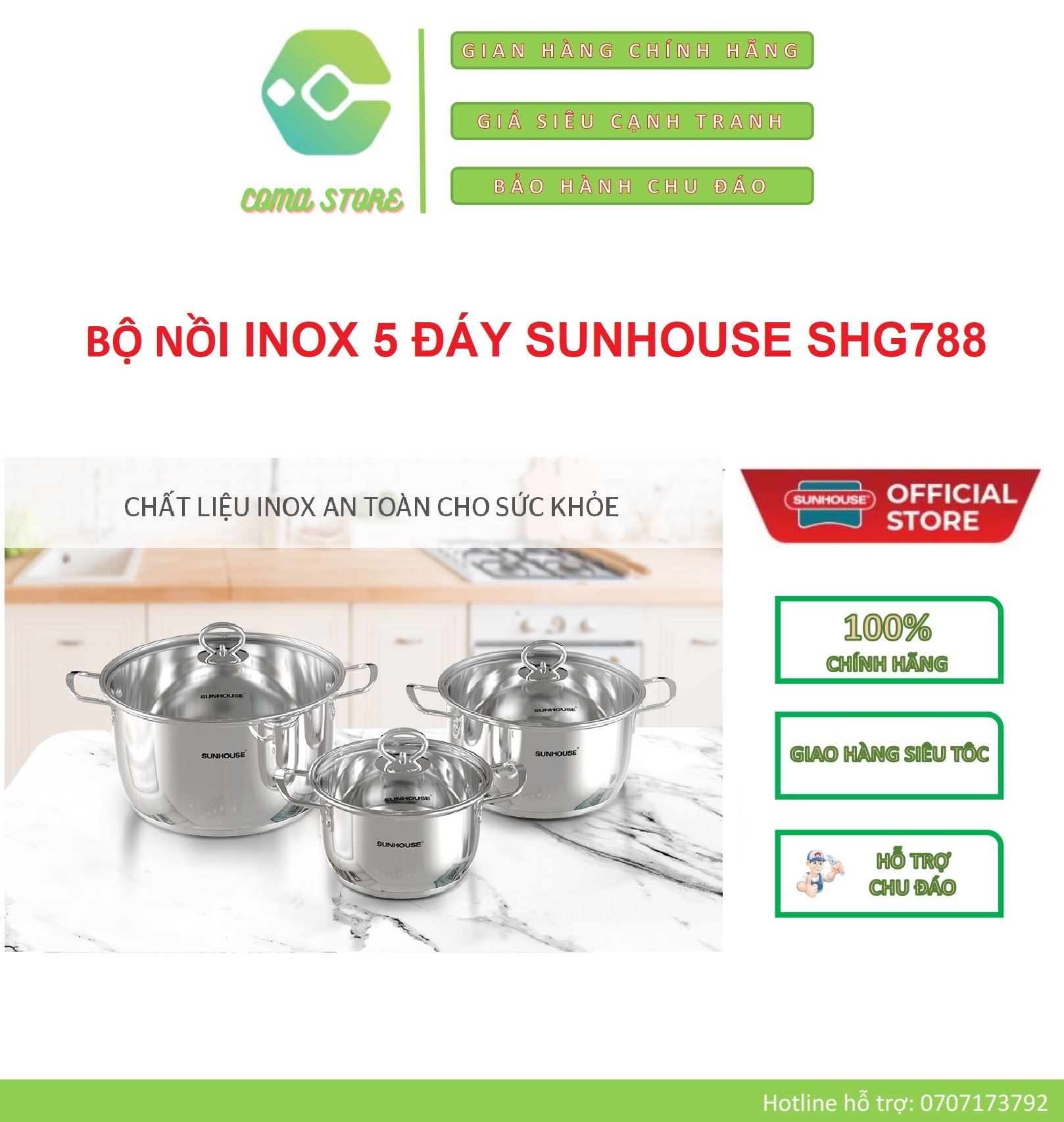 [HCM]SHG788 - BỘ 3 NỒI INOX 5 ĐÁY SUNHOUSE (DÙNG ĐƯỢC MỌI LOẠI BẾP) – HÀNG CHÍNH HÃNG