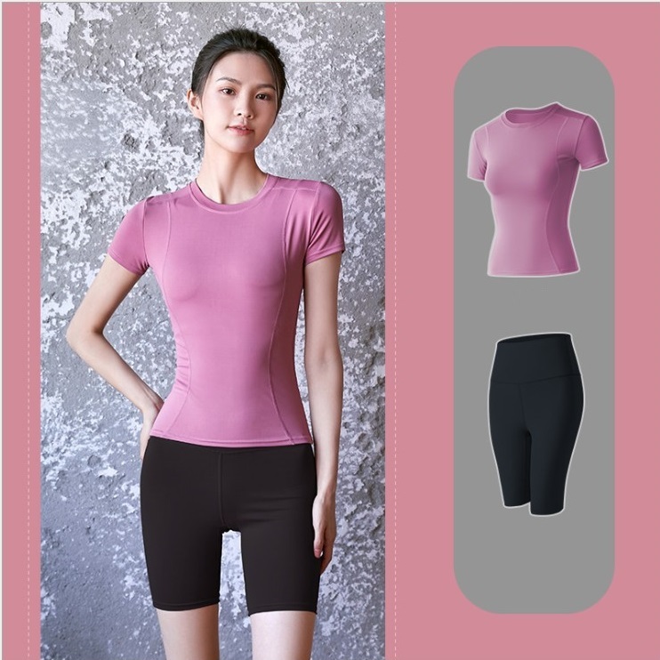 Bộ đồ tập gym nữ 2 món, bộ quần áo tập thể thao yoga tôn dáng nâng mông áo thun quần lửng