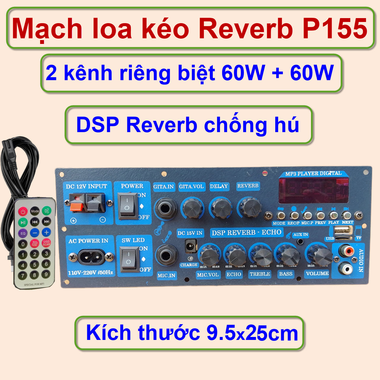 Mạch loa kéo REVERB P155 2 kênh riêng biệt LTK52203 công suất 60W + 60W