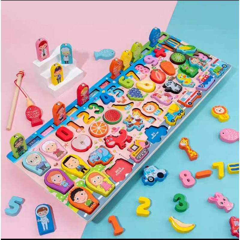Bộ đồ chơi trí tuệ bằng gỗ 63 chi tiết câu cá, ghép số, ghép chữ,logic toán học và tiếng việt cho bé trai, bé gái