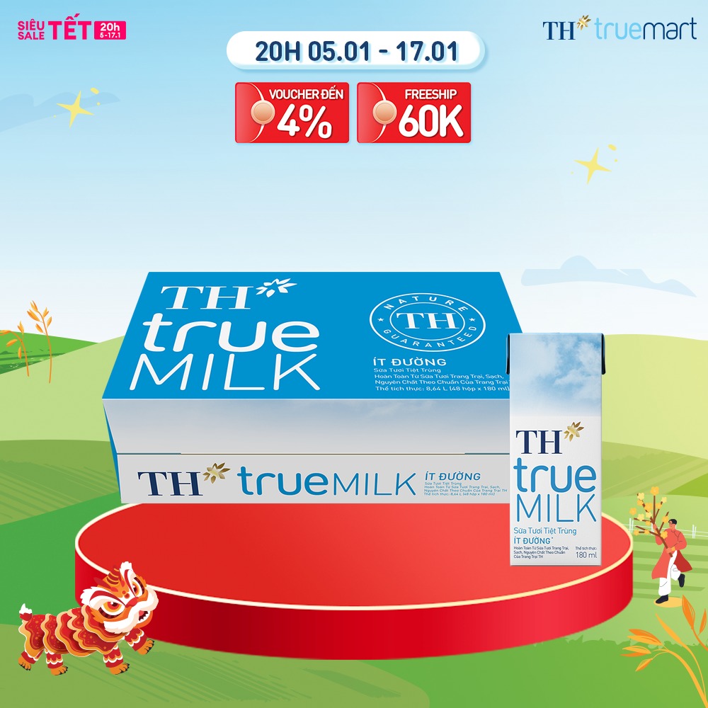 Thùng 48 hộp sữa tươi tiệt trùng TH true MILK ít đường 180 ml (180 ml x 48)