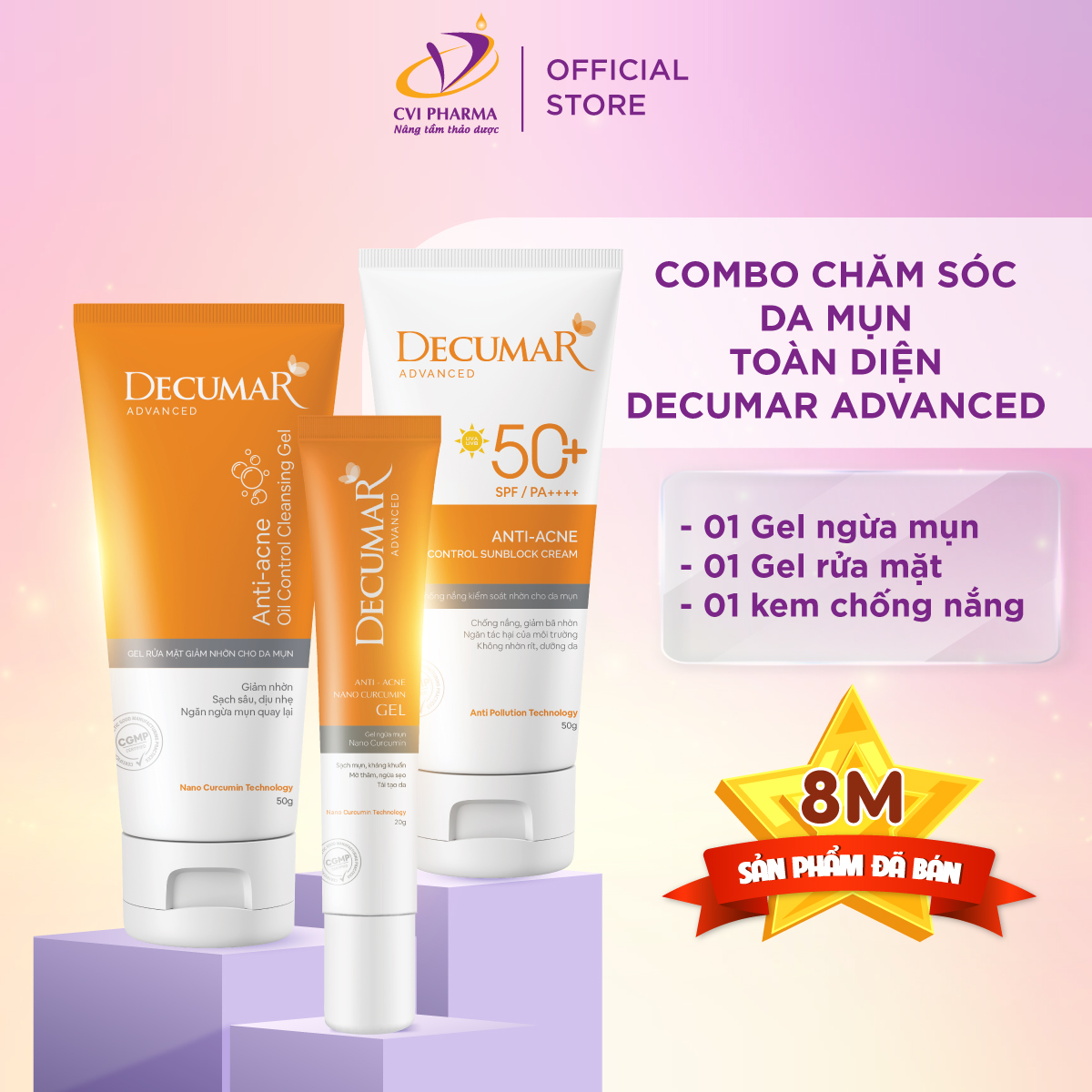 COMBO CHO DA MỤN DECUMAR ADVANCED gồm 01 GEL ngừa mụn, 01 Gel rửa mặt 50gr và 01 Kem chống Nắng giành cho da Mụn