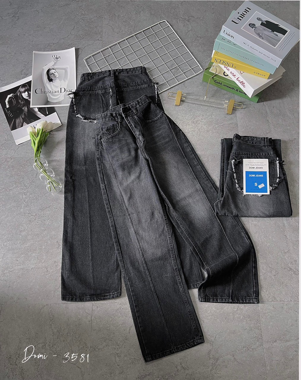 Quần baggy jean nữ lưng cao màu tối-jt