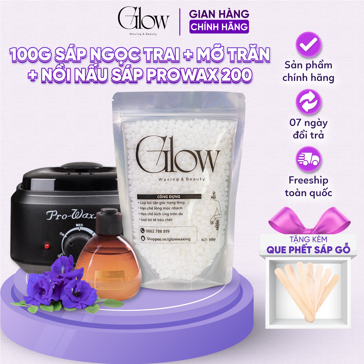 Combo nồi nấu sáp wax lông prowax200 glow waxing + 100gr sáp wax lông cao cấp siêu bám lông + mỡ trăn nstore che tên sản phẩm - 1011