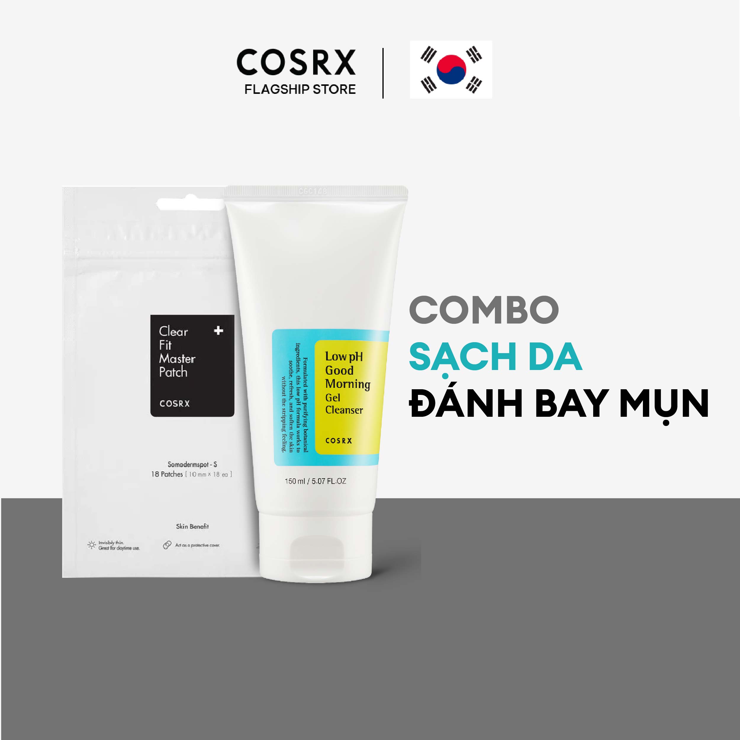 Combo miếng dán mụn cosrx clear fit master patch 18 miếng/gói + gel rửa mặt tràm trà cosrx low ph good morning gel cleanser 150ml