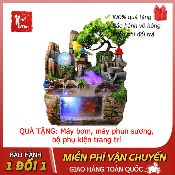 [Tặng chống hấp hơi kính] Thác nước phong thủy hòn non bộ bể cá tặng máy phun sương, máy bơm, bộ phụ kiện trang trí phong thủy Nhã Nam
