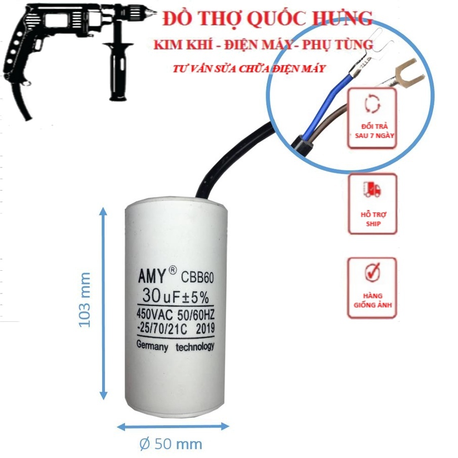 Tụ máy rửa xe mini Tụ điện máy motor 30µF trắng đủ mig