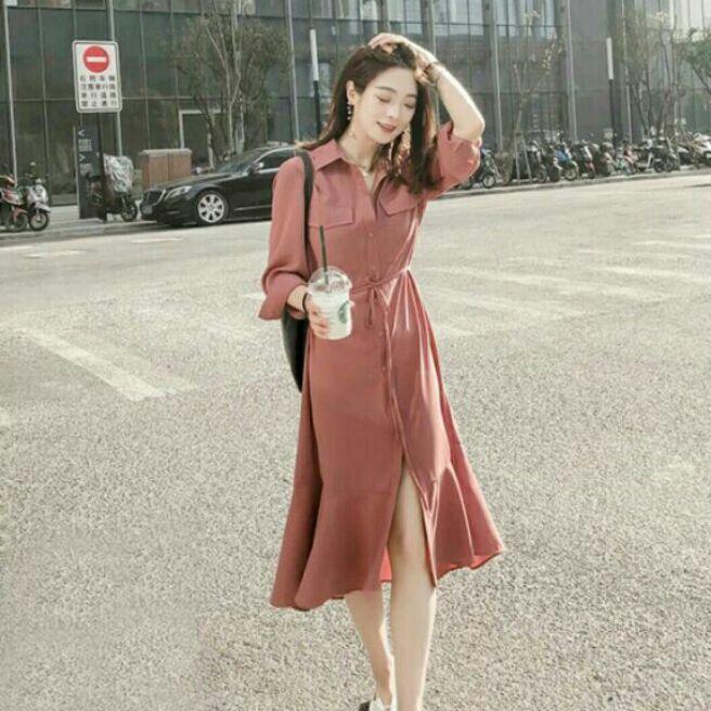 Đầm sơ mi hồng ruốc túi hộp