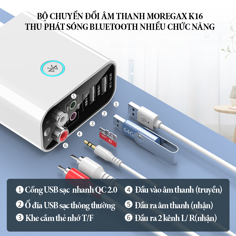 Bộ chuyển đổi âm thanh Bluetooth Moregax K16 không dây 6 chức năng 3 ngõ vào hỗ trợ sạc nhanh cổng USB kép 5V 2.1A