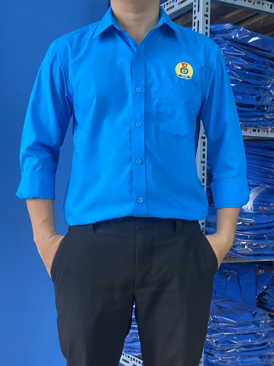 Áo công đoàn sơ mi cao cấp dáng công sở, logo thêu