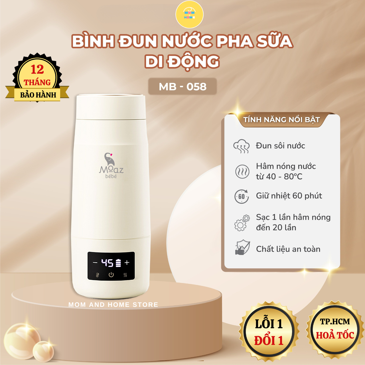 Bình đun nước pha sữa di động moaz bébé mb–058 hâm nước và giữ nhiệt