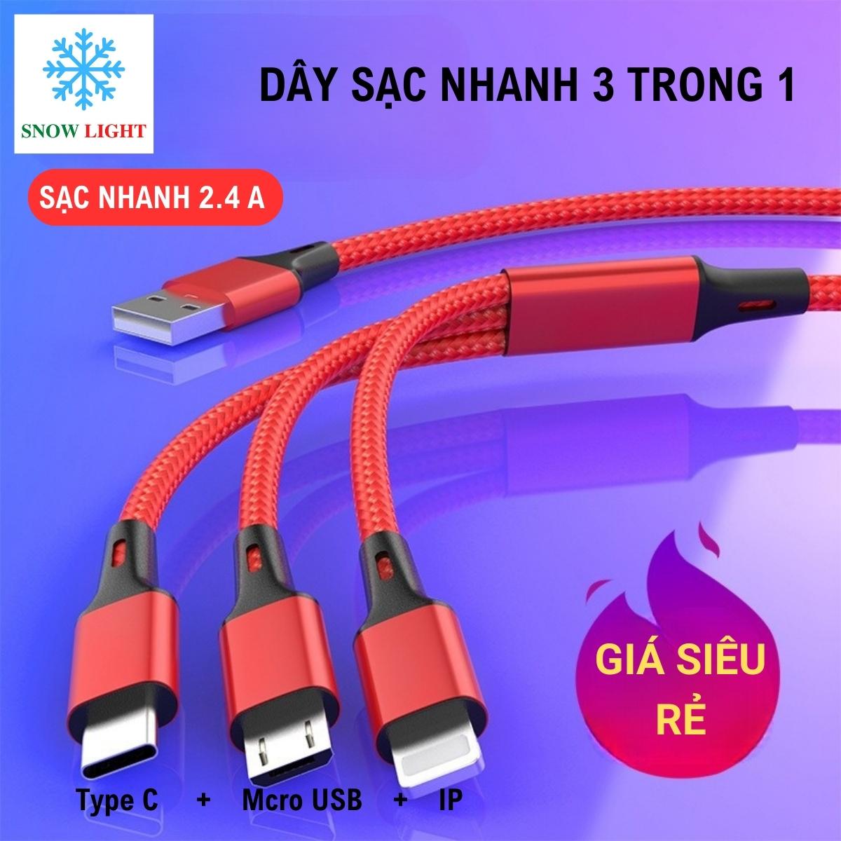 Dây sạc điện thoại 3 trong 1 snowlight dây sạc micro usb type c sạc nhanh 2.4a chính hãng