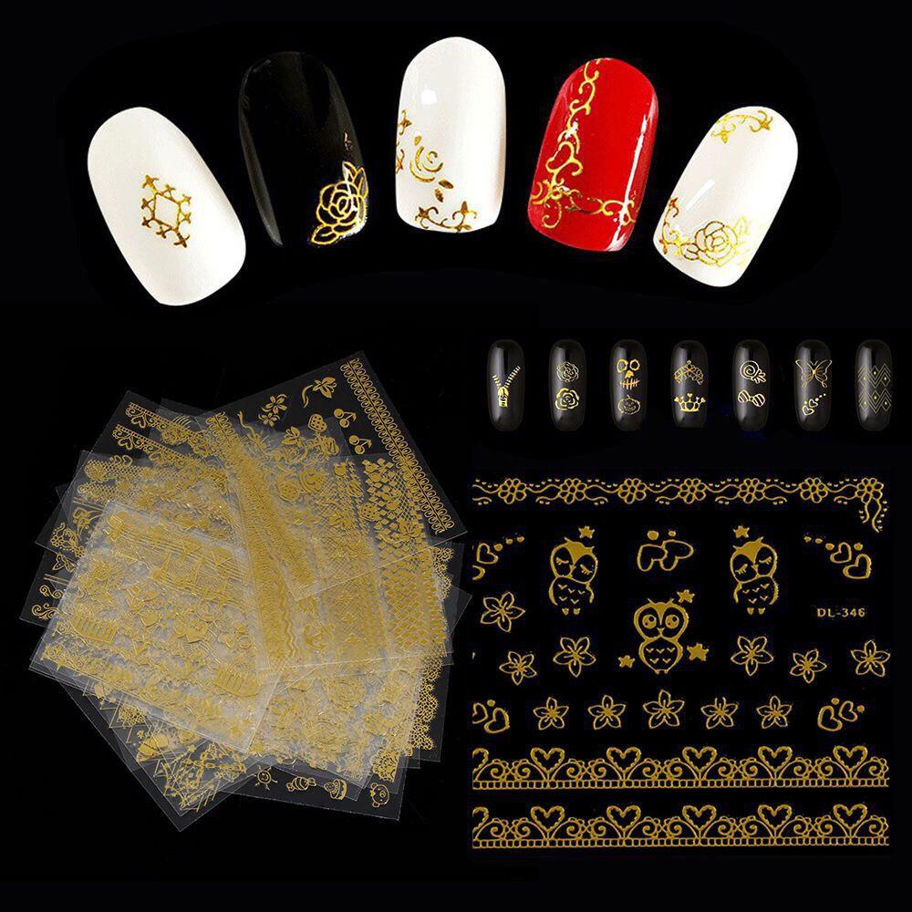 Set 30 sticker 3d màu vàng / bạc dán móng nghệ thuật