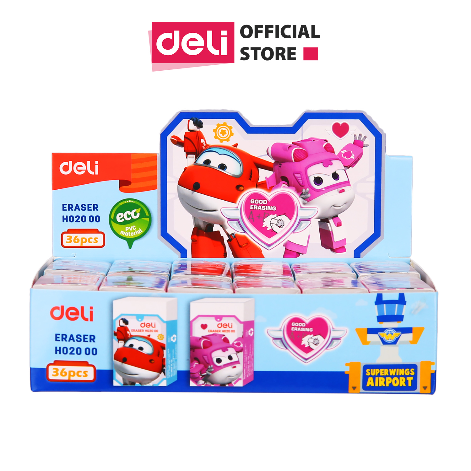 Gôm Tẩy Deli - Super Wings - Đỏ/Hồng - Combo 3 chiếc màu ngẫu nhiên - EH02000