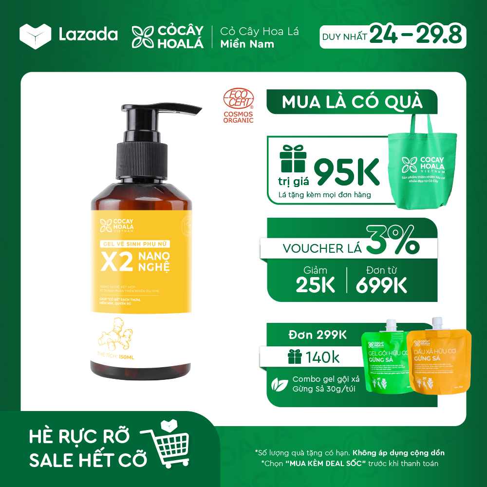 Dung dịch vệ sinh phụ nữ Gel X2 Nano nghệ hữu cơ Cỏ Cây Hoa Lá, giảm viêm ngứa, khử mùi, an toàn cho mẹ bầu, 150 ml
