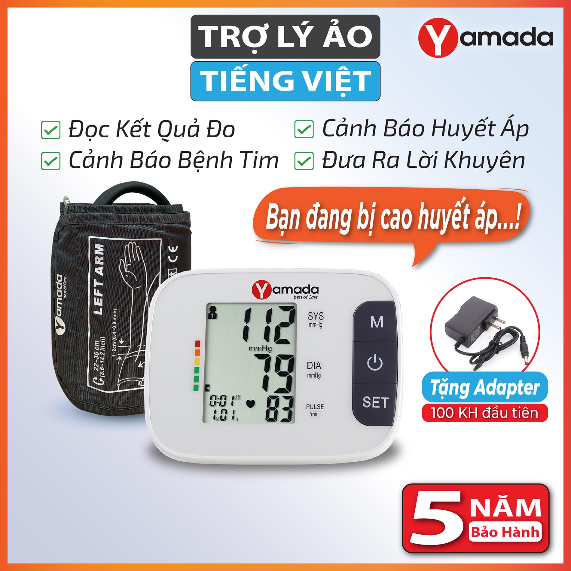 Máy đo huyết áp điện tử Yamada công nghệ Nhật Bản 1358 (tặng adapter) – Trợ lý ảo Assistant+ giọng nói tiếng Việt thông minh, tự động đo bắp tay, cảnh báo nhịp tim huyết áp