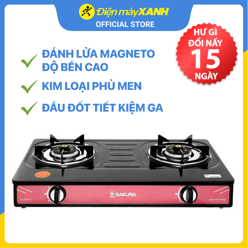 Bếp gas Sakura SA-2181EB Chính hãng trưng bày +Tặng dây gas- Mặt bếp:Kim loại phủ men , Đầu đốt tiết kiệm gas, chất liệu đồng thau