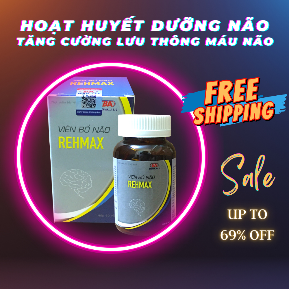 Tăng cường trí nhớ, Giảm các triệu trứng đau đầu, hoa mắt, chóng mặt, rối loạn tiền đình. Tăng cường lưu thông máu não, giảm đau mỏi vai gáy. Bổ Não REHMAX hộp 60 viên.