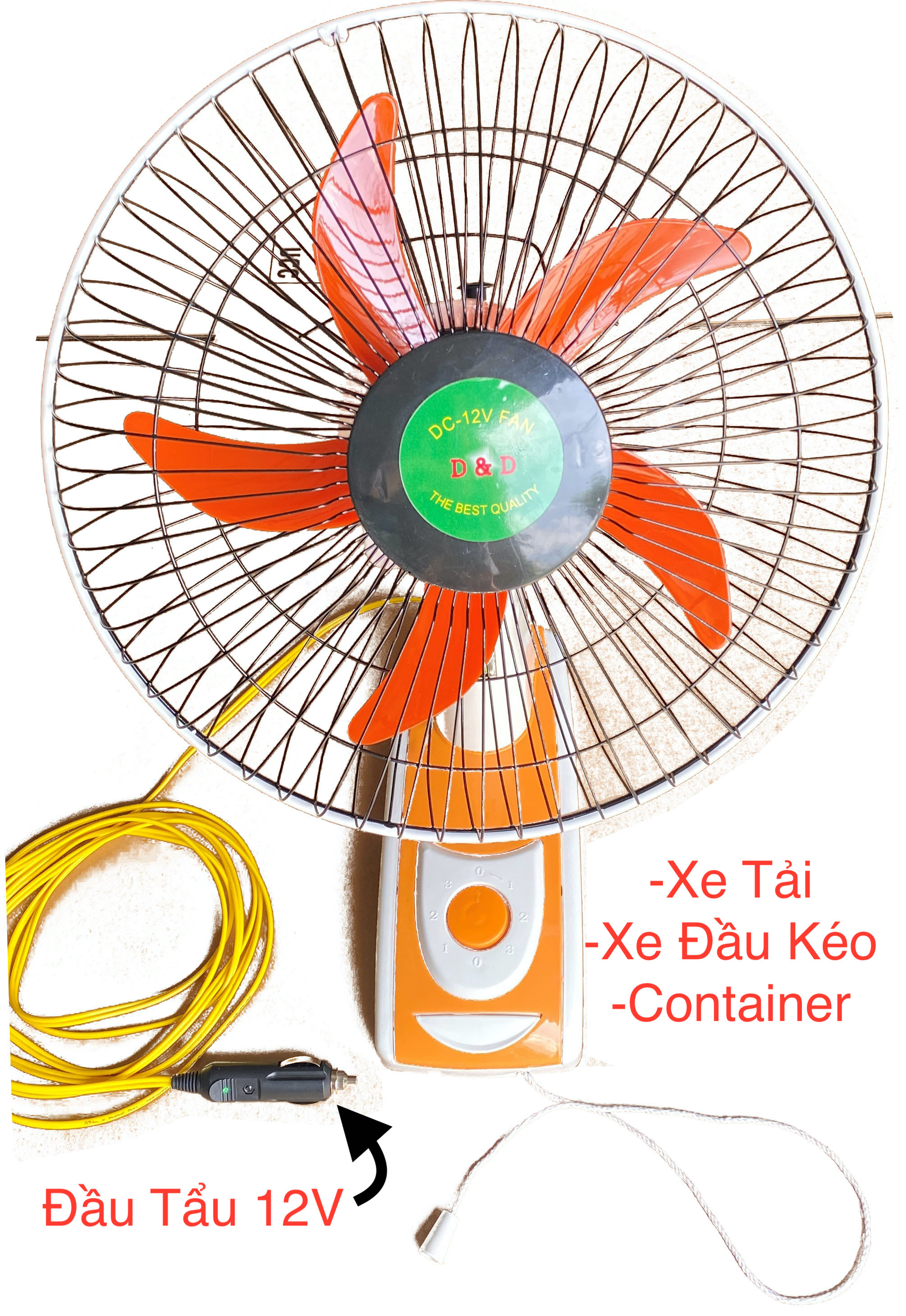 [HCM]Quạt treo 12V sử dụng trên xe tải, xe đầu kéo, xe container, dây dài 3.5m. Loại tốt. Jack cắm đầu tẩu, có đèn led báo, có cầu chì bảo vệ.